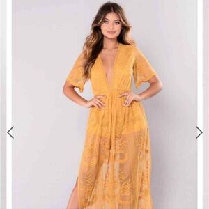 Wild Honey Mustard Lace Embroidered Romper Maxi Dress